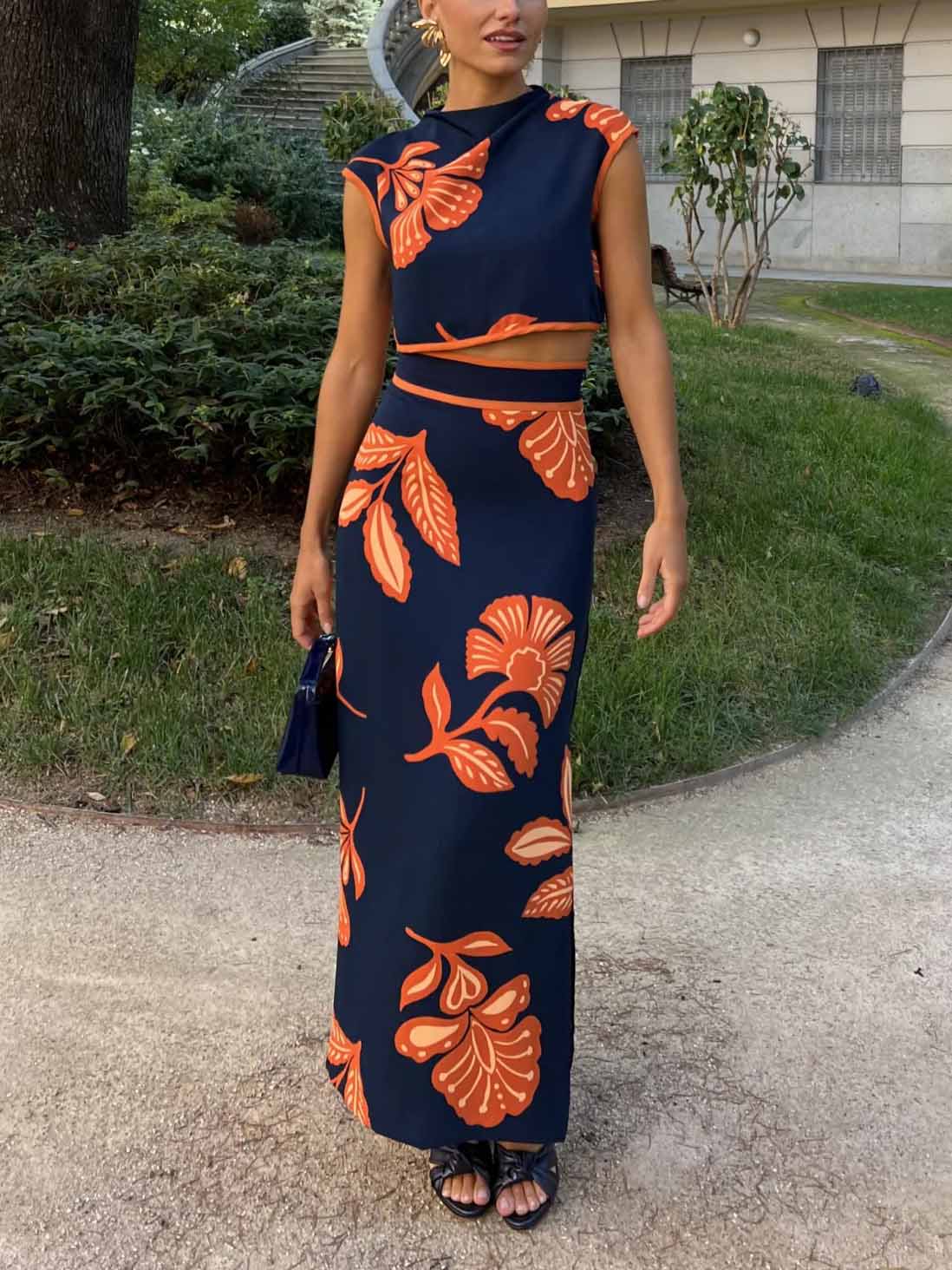 Exquisite Plant And Flower Print Slit Skirt - Threadford