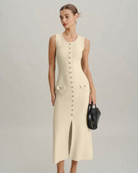 Beige Sleeveless Button Sweater Dress
