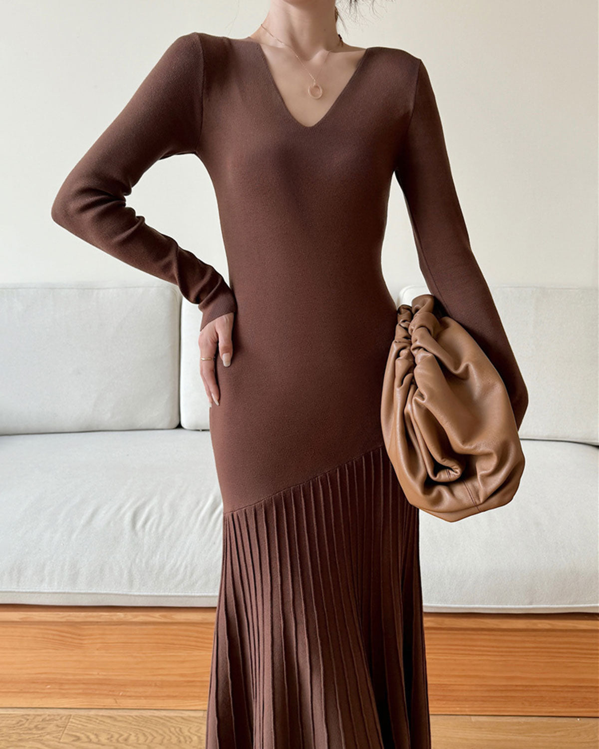 Coffee Scoop Neck Bodycon Sweater Dress - Threadford