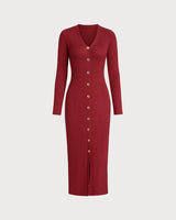 Wine Red V Neck Button Sweater Dress - Threadford