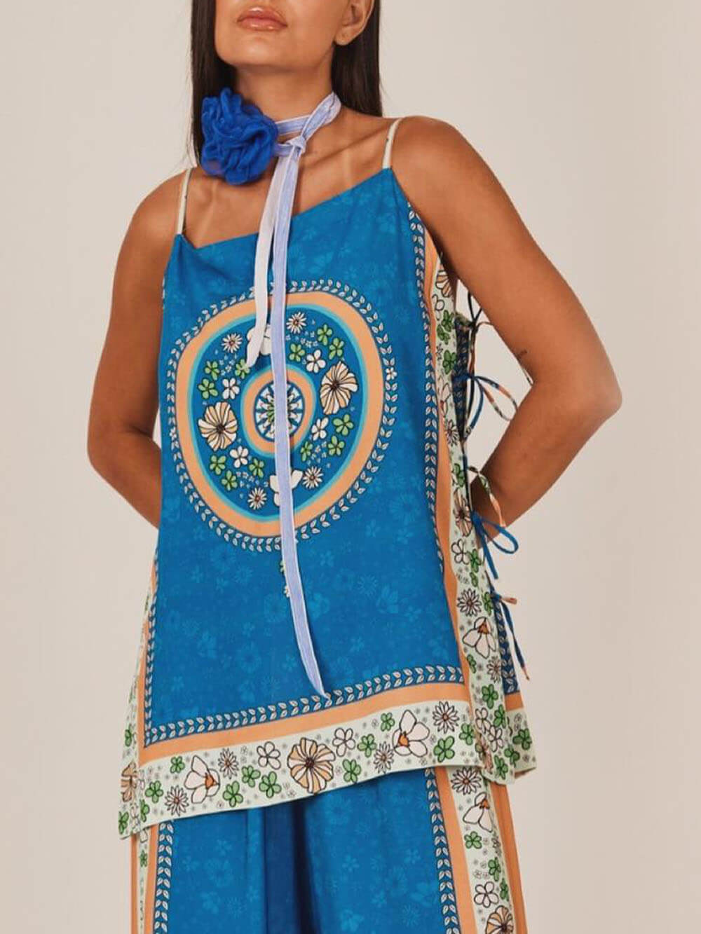 Classic Unique Floral Print Lace-Up Camisole Tops - Threadford