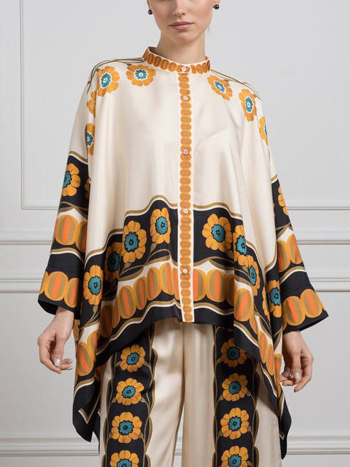 Satin Exquisite Flower Print Bat Sleeve Shirt - Threadford