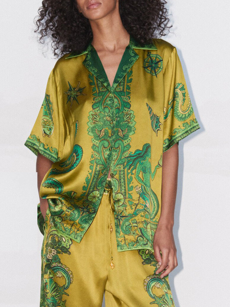 Exquisite Satin Unique Floral Print Button Down Loose Shirt - Threadford