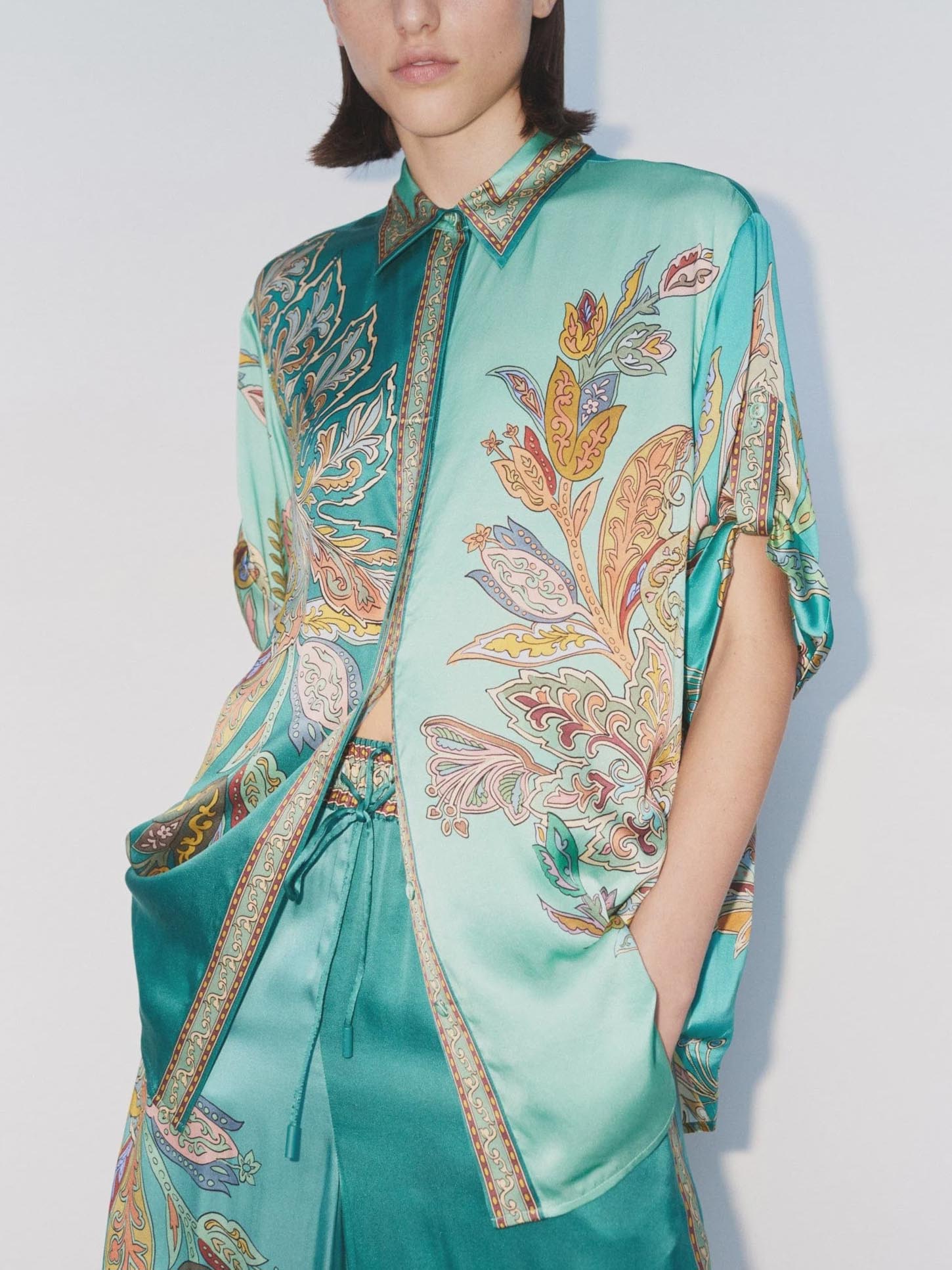 Unique Exquisite Satin Plant Flower Print Loose Top - Threadford