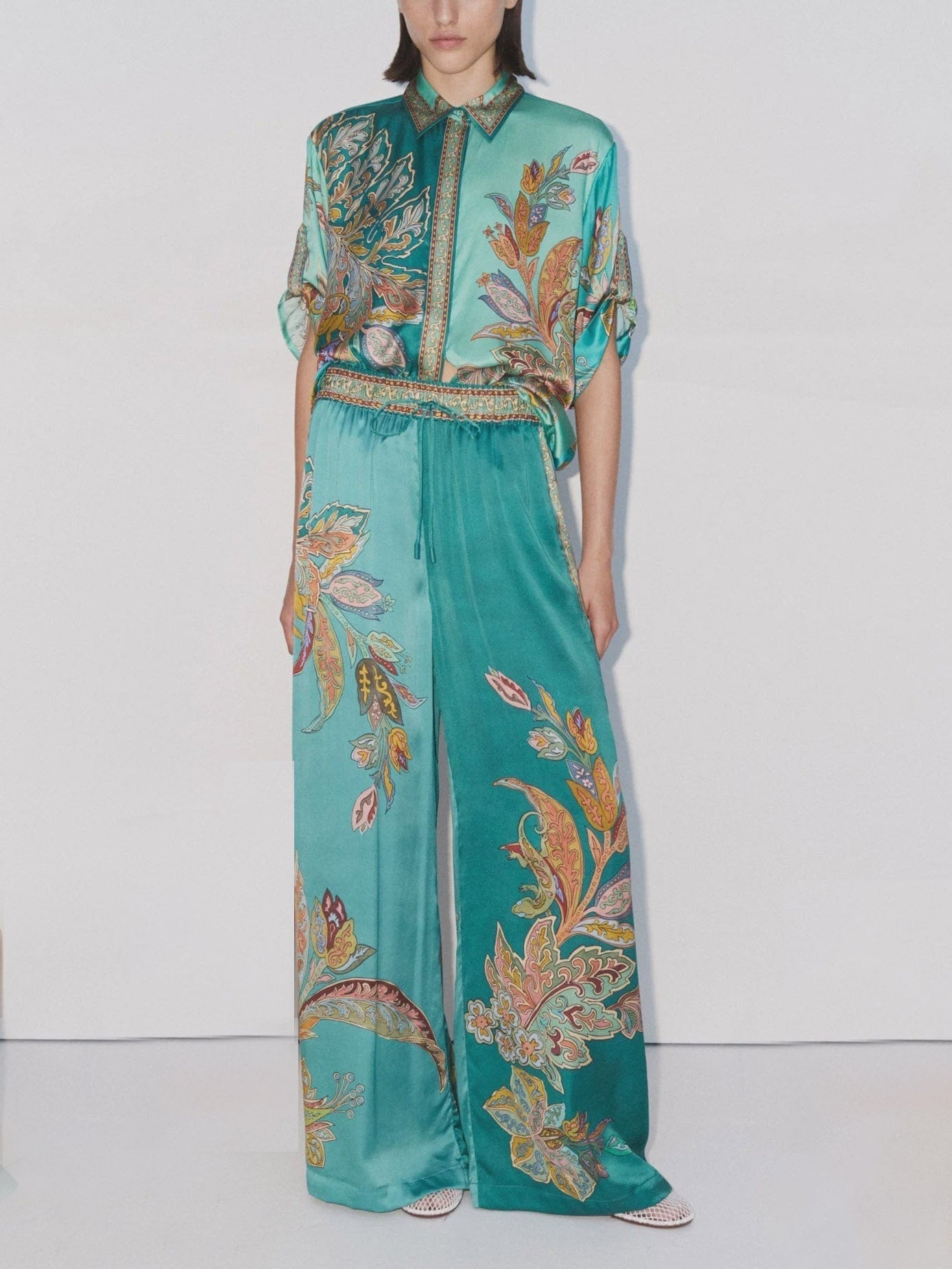 Unique Exquisite Satin Plant Flower Print Loose Top - Threadford