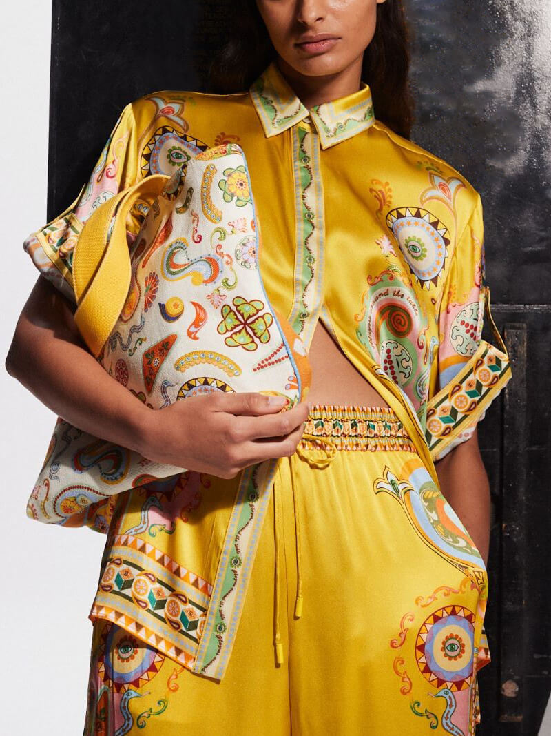 Sophisticated Satin Unique Cashew Flower Print Button Oversized Shirt - Threadford