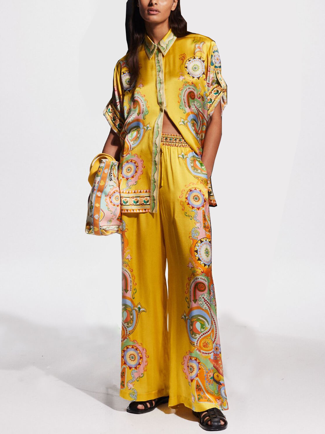 Sophisticated Satin Unique Cashew Flower Print Button Oversized Shirt - Threadford