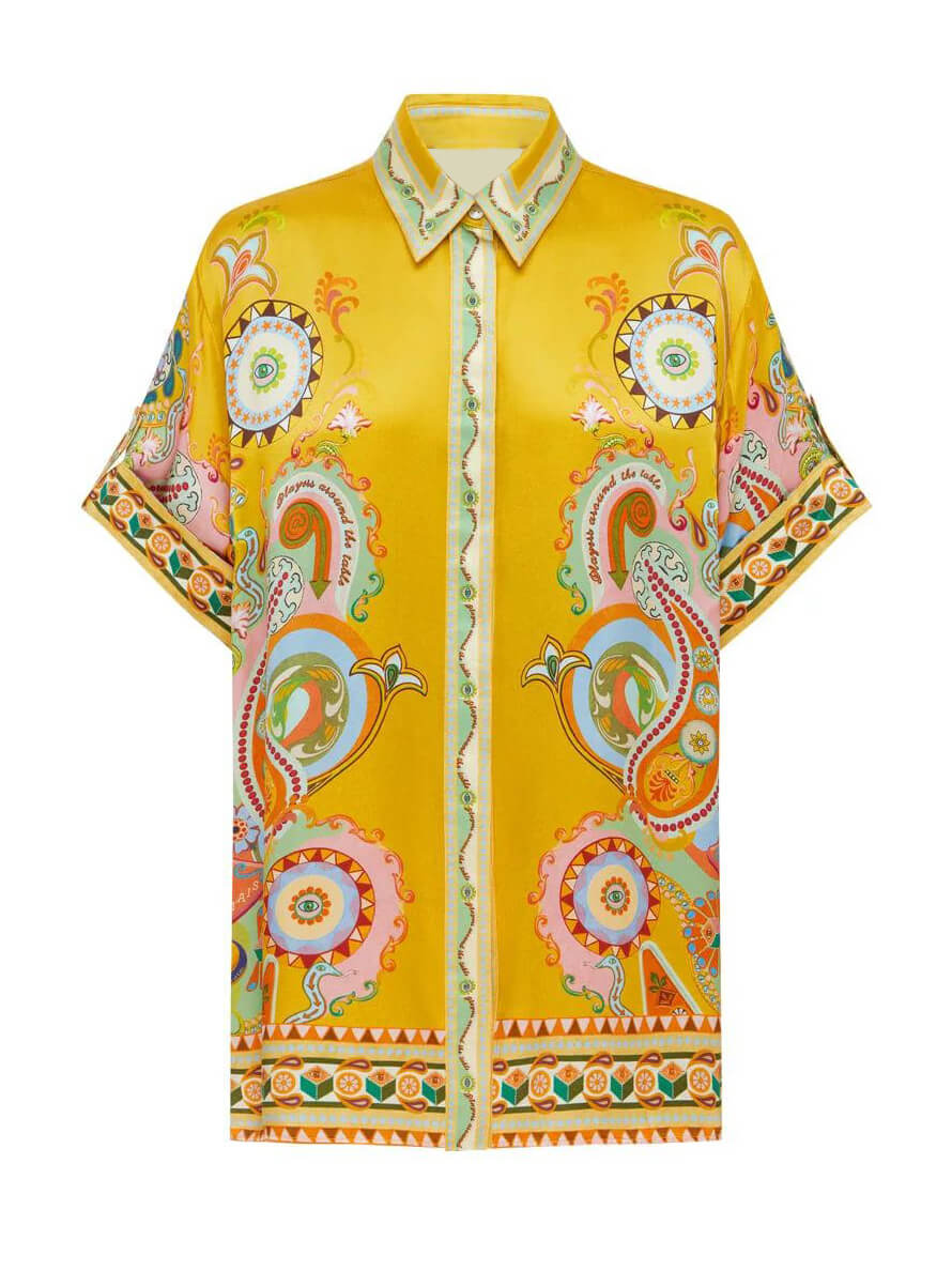 Sophisticated Satin Unique Cashew Flower Print Button Oversized Shirt - Threadford