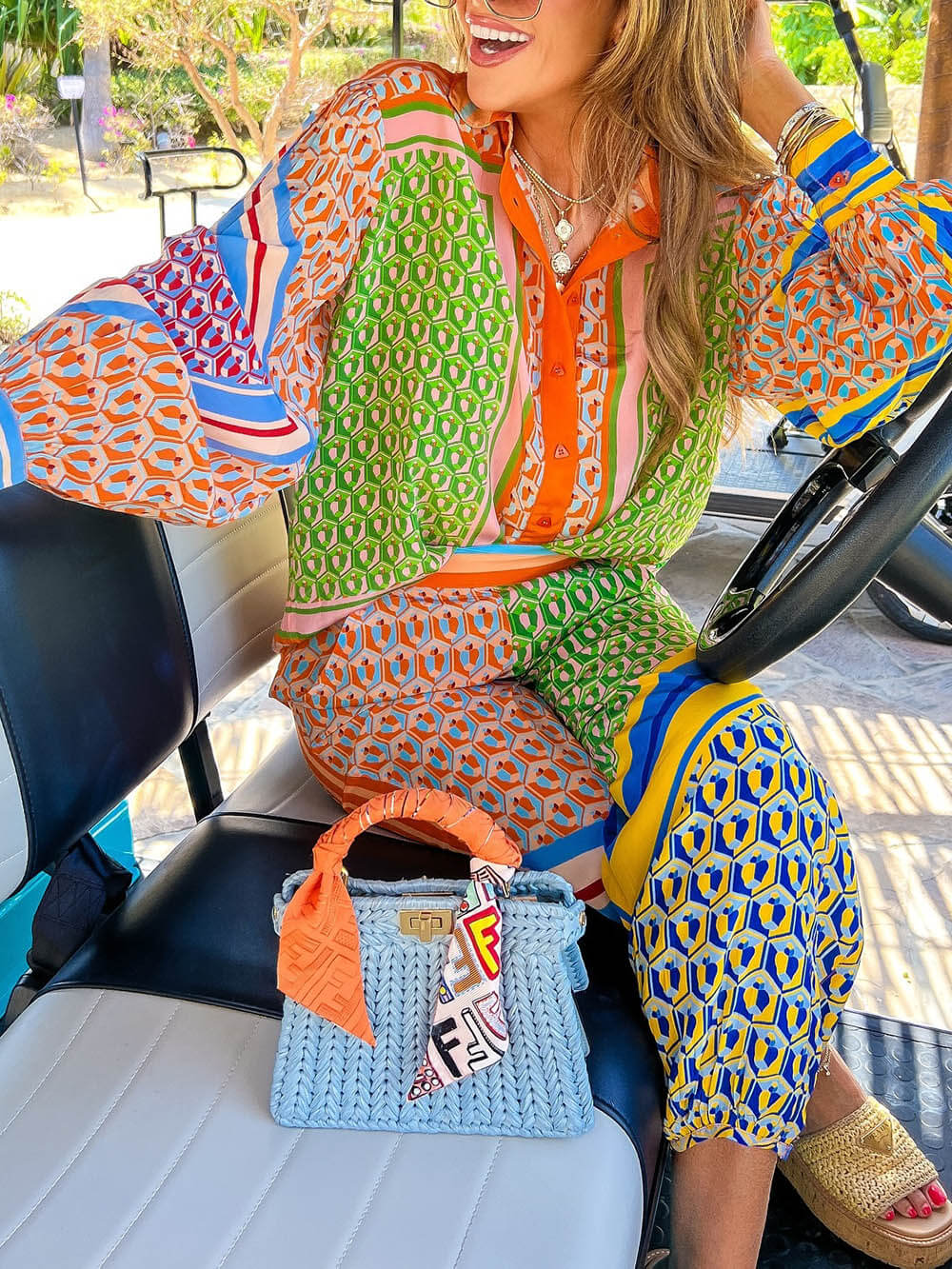 Colorful Unique Print Balloon Sleeve Button Loose Shirt - Threadford