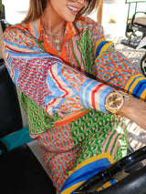 Colorful Unique Print Balloon Sleeve Button Loose Shirt - Threadford