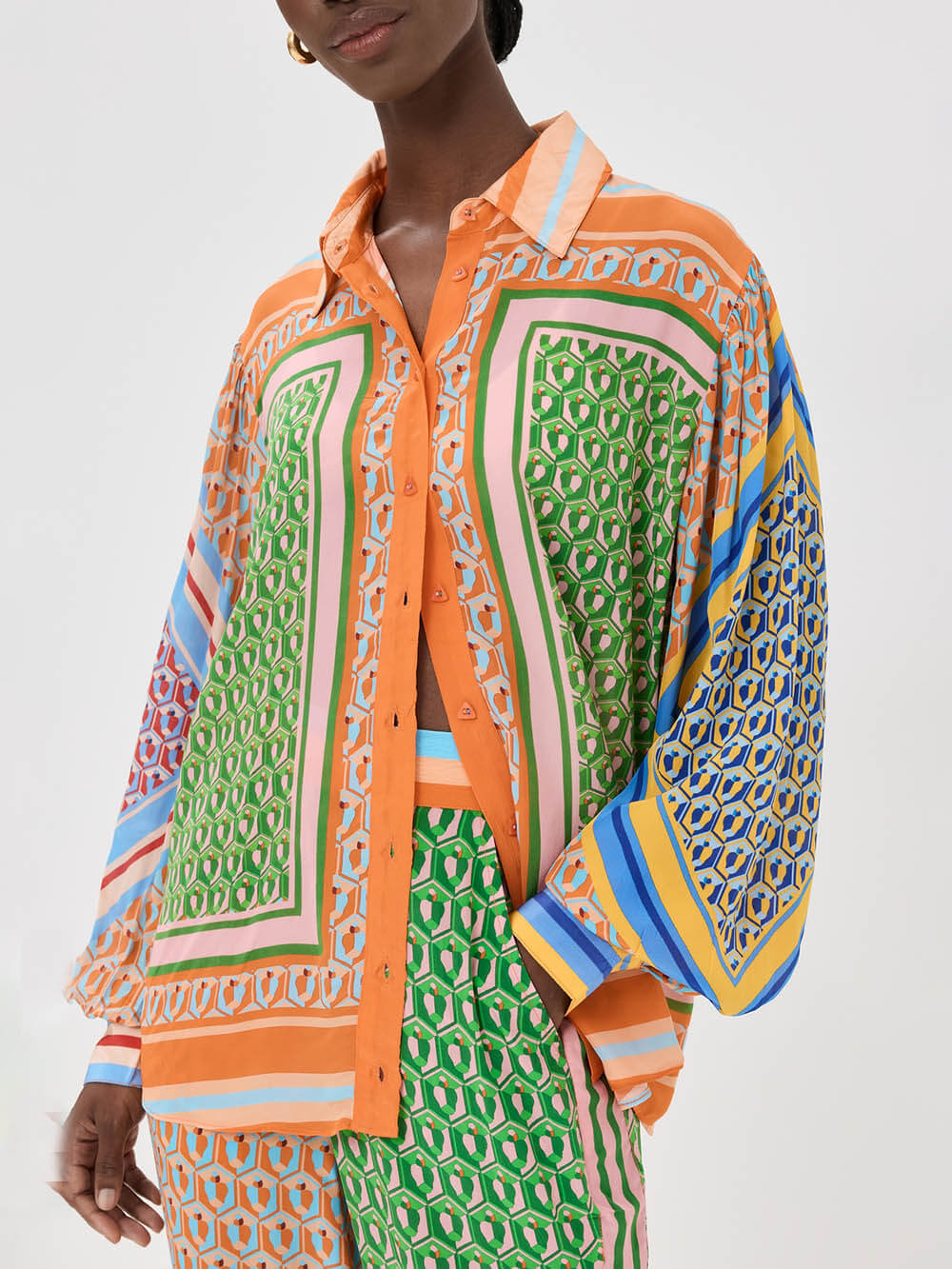 Colorful Unique Print Balloon Sleeve Button Loose Shirt - Threadford