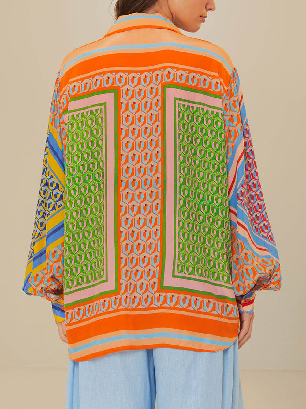 Colorful Unique Print Balloon Sleeve Button Loose Shirt - Threadford
