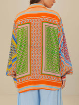 Colorful Unique Print Balloon Sleeve Button Loose Shirt - Threadford