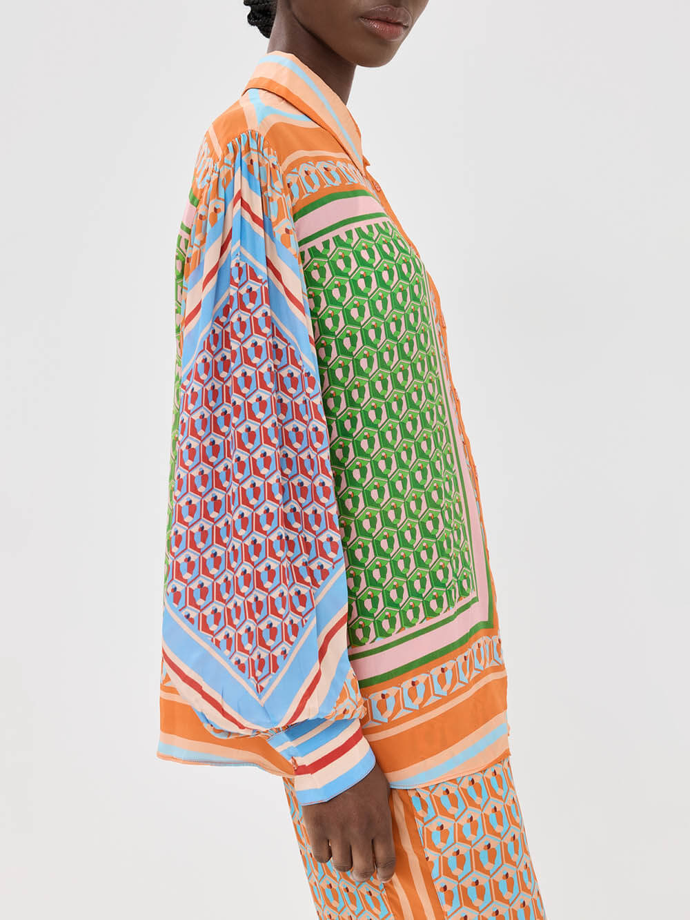 Colorful Unique Print Balloon Sleeve Button Loose Shirt - Threadford
