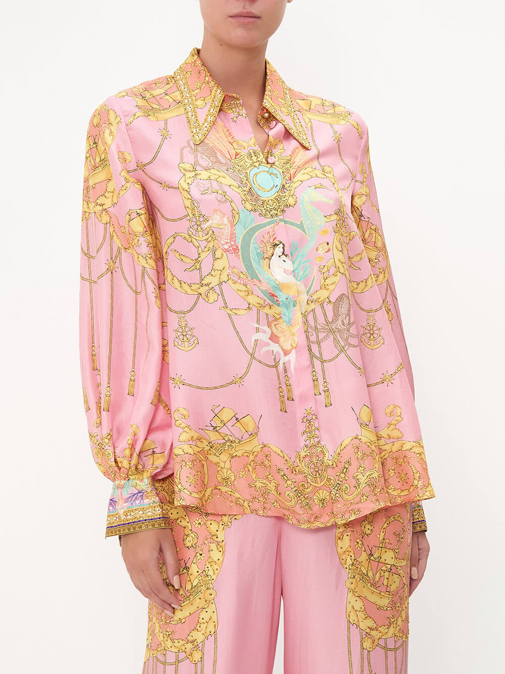 Special Print Fish Puff Sleeves Curved Neck Blouse - Threadford