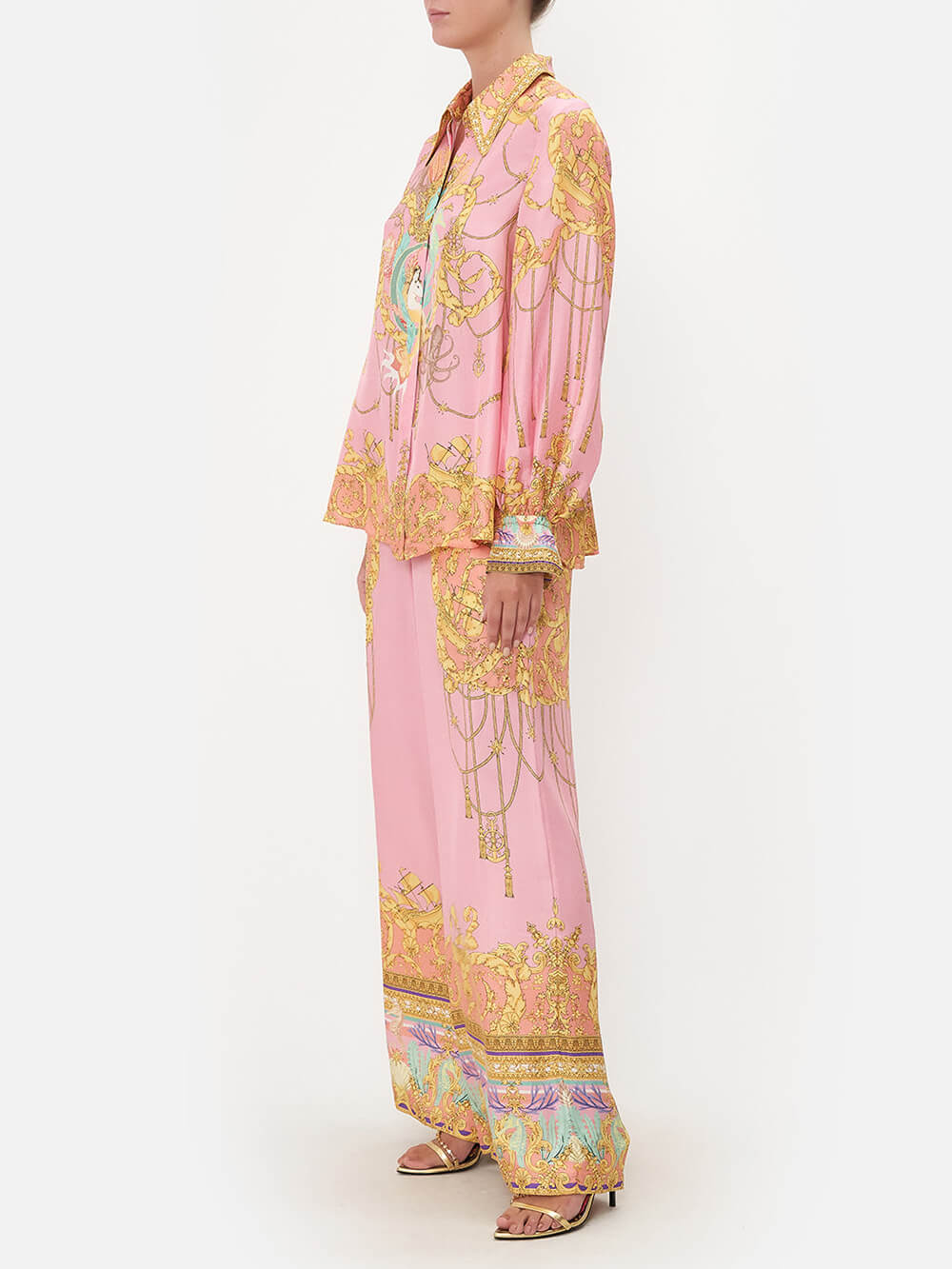 Special Print Fish Puff Sleeves Curved Neck Blouse - Threadford