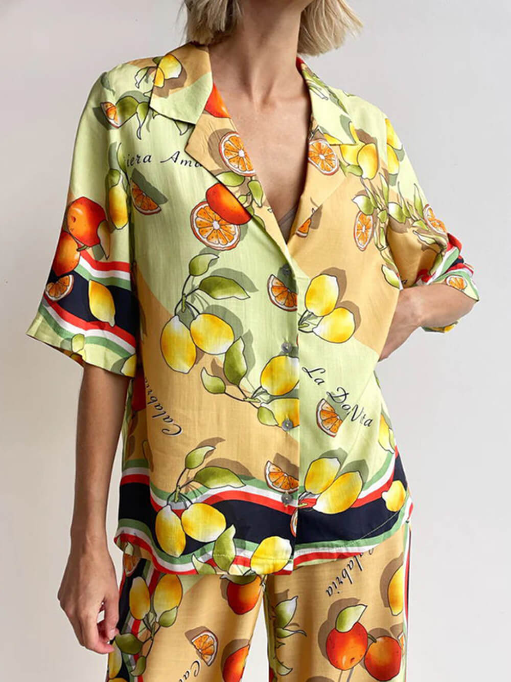 Modern Lemon Print Cardigan Single Breasted Lapel Shirt - Threadford