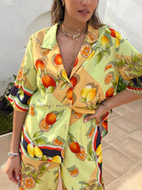 Modern Lemon Print Cardigan Single Breasted Lapel Shirt - Threadford