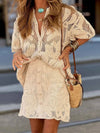 Fashion Holiday Lace Short Sleeve Hollow Top Skirt Set - Threadford