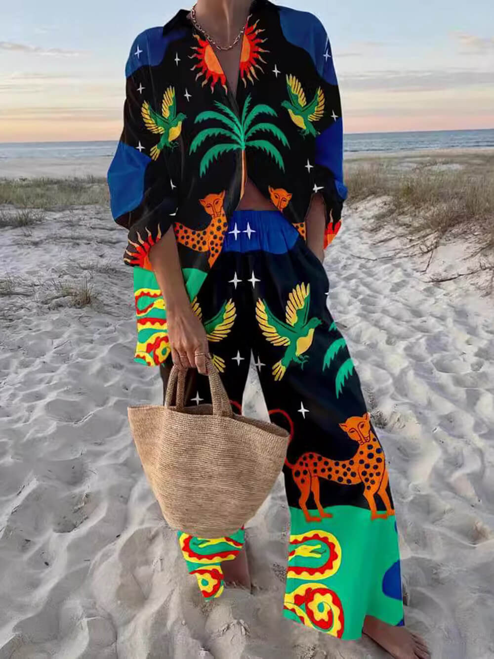 Classic Unique Sun Animal Print Casual Long-Sleeved Shirt Wide-Leg Pants Set - Threadford