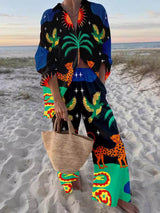 Classic Unique Sun Animal Print Casual Long-Sleeved Shirt Wide-Leg Pants Set - Threadford
