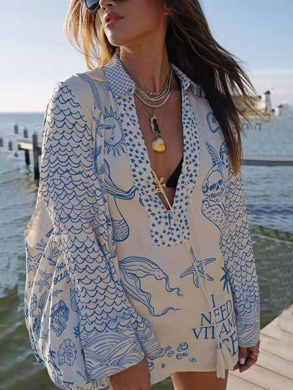 Unique Live By Water Satin Print Tassle Shirt and Elastic Waist Shorts Set - Threadford