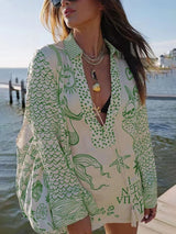 Unique Live By Water Satin Print Tassle Shirt and Elastic Waist Shorts Set - Threadford