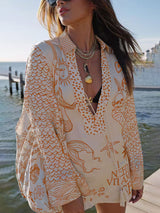 Unique Live By Water Satin Print Tassle Shirt and Elastic Waist Shorts Set - Threadford