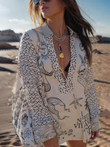 Unique Live By Water Satin Print Tassle Shirt and Elastic Waist Shorts Set - Threadford