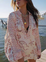 Unique Live By Water Satin Print Tassle Shirt and Elastic Waist Shorts Set - Threadford