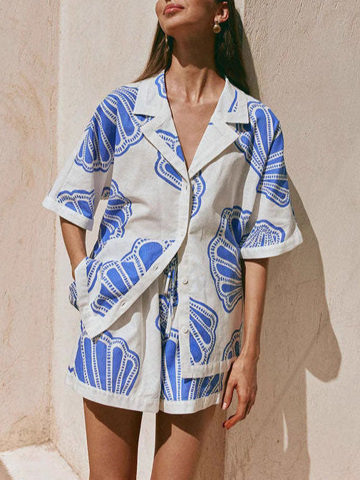 Casual Ocean Shell Print Shorts Two-Piece Set - Threadford