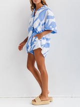 Loose Printed Island Blue Shirt Short Resort Style Suit - Threadford