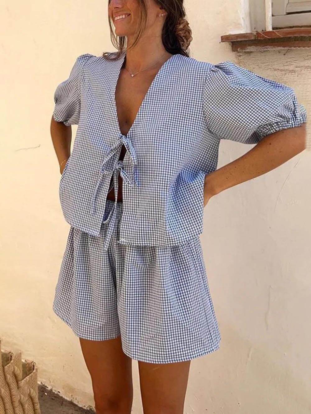 Plaid Front Lace-up Puff Sleeve Top and Elastic Waist Shorts Set - Threadford