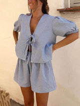 Plaid Front Lace-up Puff Sleeve Top and Elastic Waist Shorts Set - Threadford