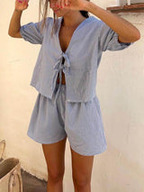 Plaid Front Lace-up Puff Sleeve Top and Elastic Waist Shorts Set - Threadford
