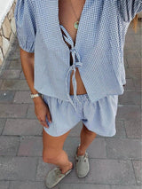 Plaid Front Lace-up Puff Sleeve Top and Elastic Waist Shorts Set - Threadford