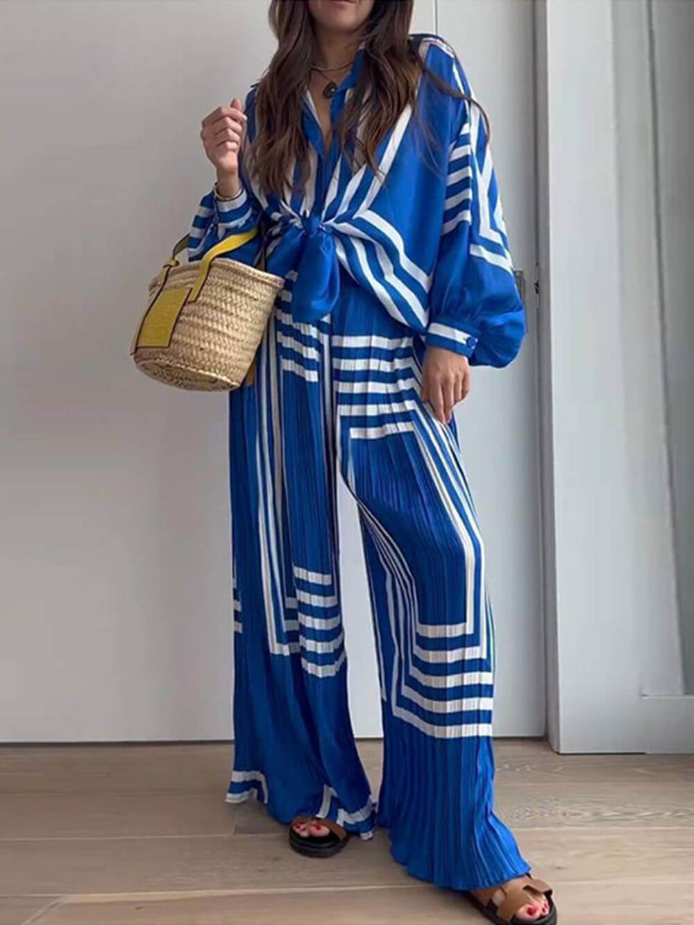 Printed Striped Shirt Pleated Straight Wide-Leg Pants Suit - Threadford