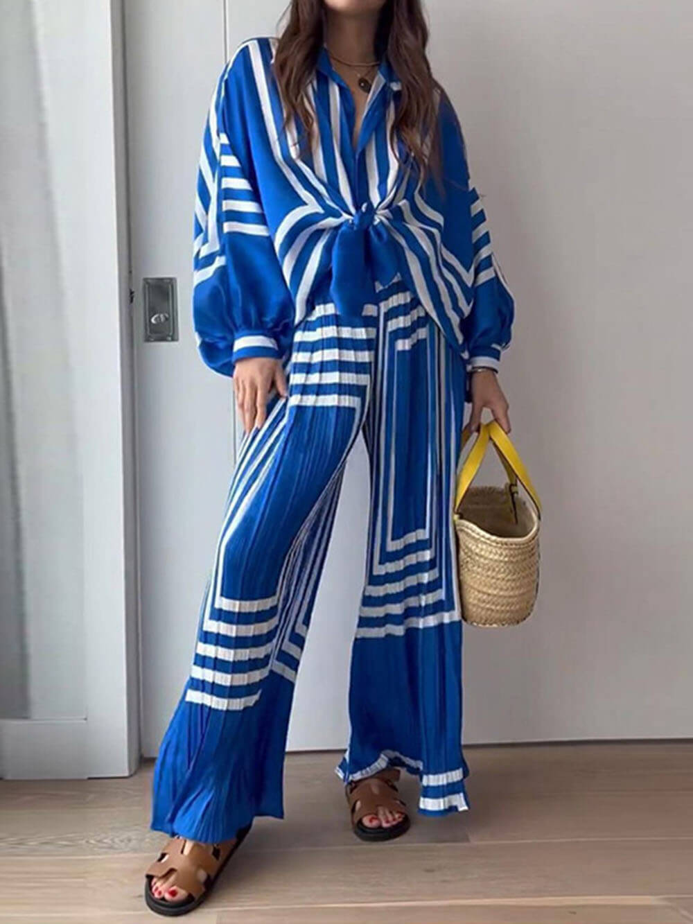 Printed Striped Shirt Pleated Straight Wide-Leg Pants Suit - Threadford