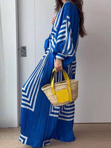 Printed Striped Shirt Pleated Straight Wide-Leg Pants Suit - Threadford