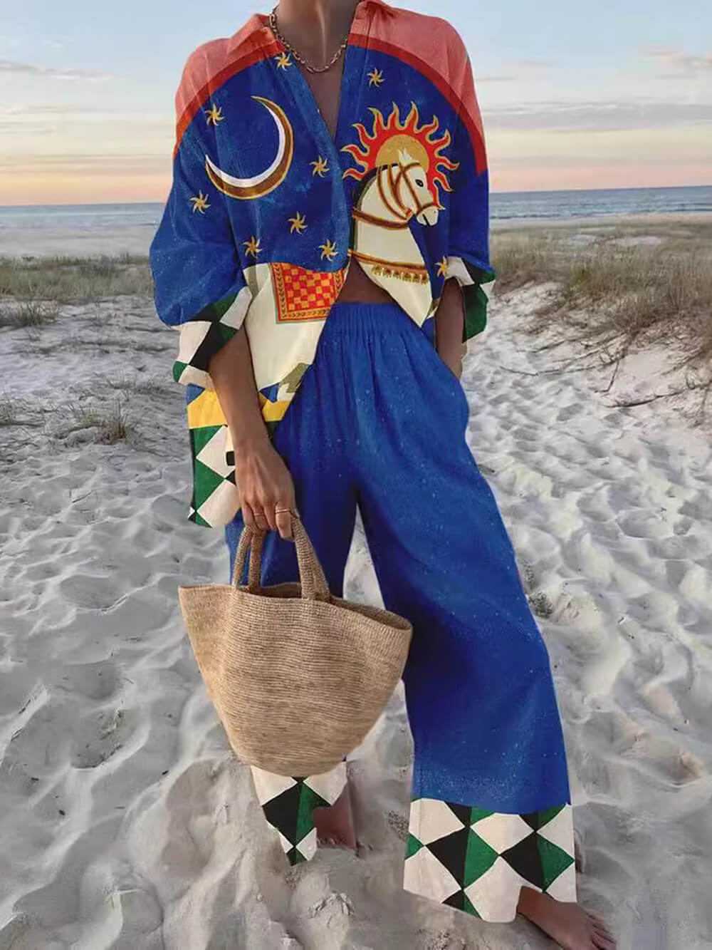 Unique Moon Horse Print Casual Long-Sleeved Shirt Wide-Leg Pants Set - Threadford