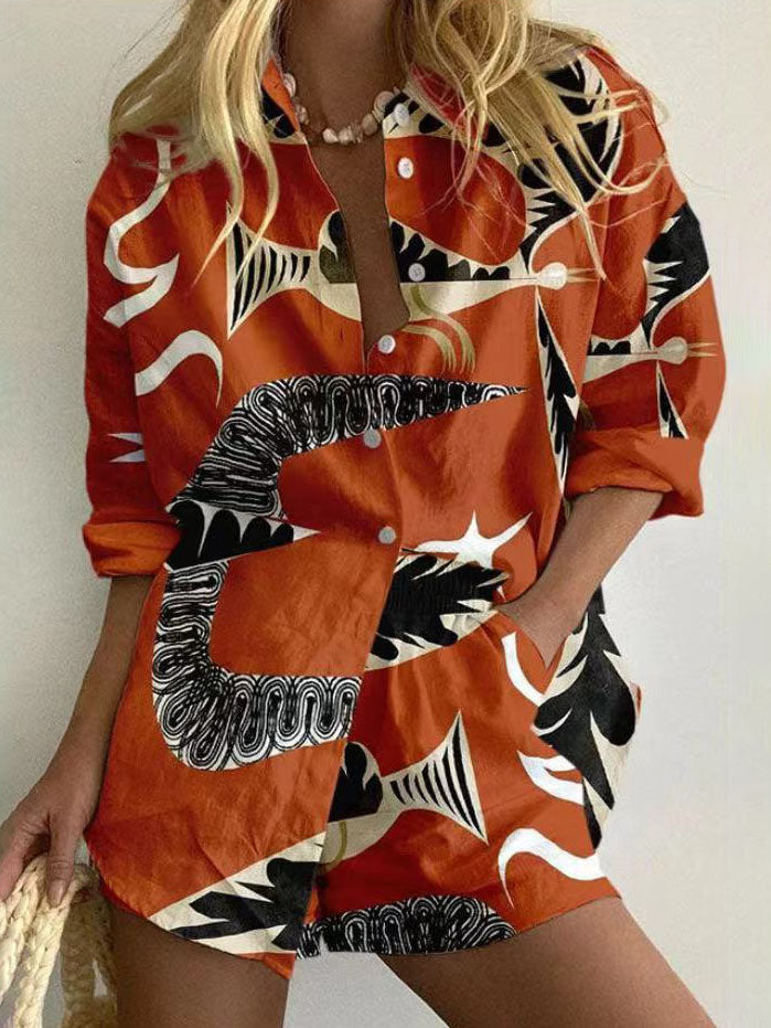 Unique Casual Abstract Print Long Sleeve Shorts Set - Threadford
