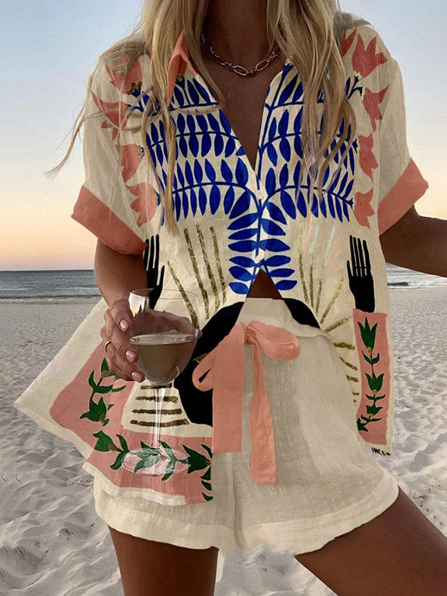 Abstract Graffiti Plant Print Shorts And Shirt Two-Piece Set - Threadford