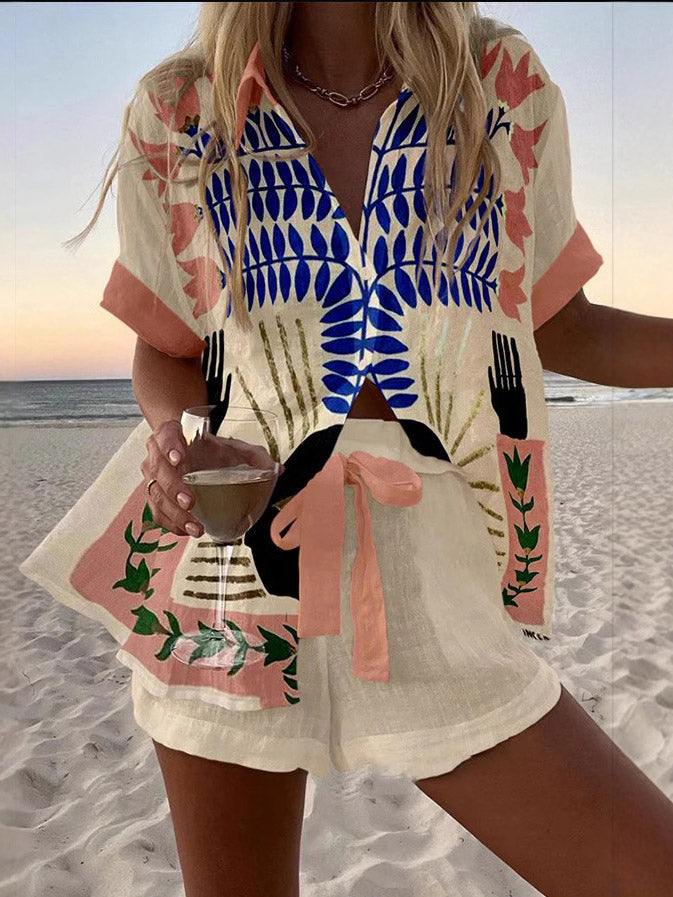Abstract Graffiti Plant Print Shorts And Shirt Two-Piece Set - Threadford