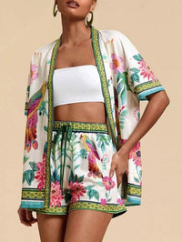 Completo casual a due pezzi con cardigan e stampa floreale fresca e maniche corte