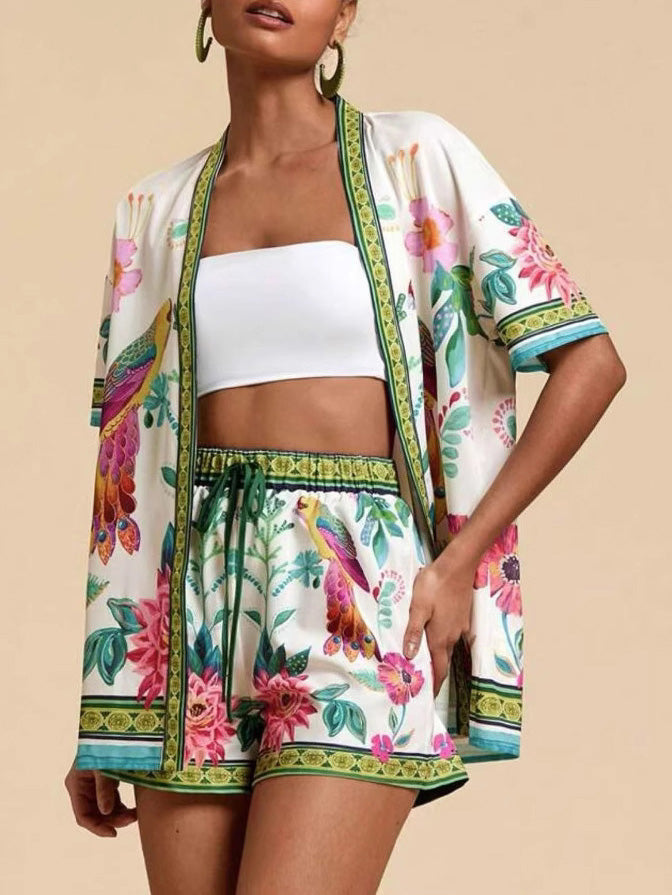 Casual Fresh Floral Print Cardigan Short Sleeve Two-Piece Set - Threadford