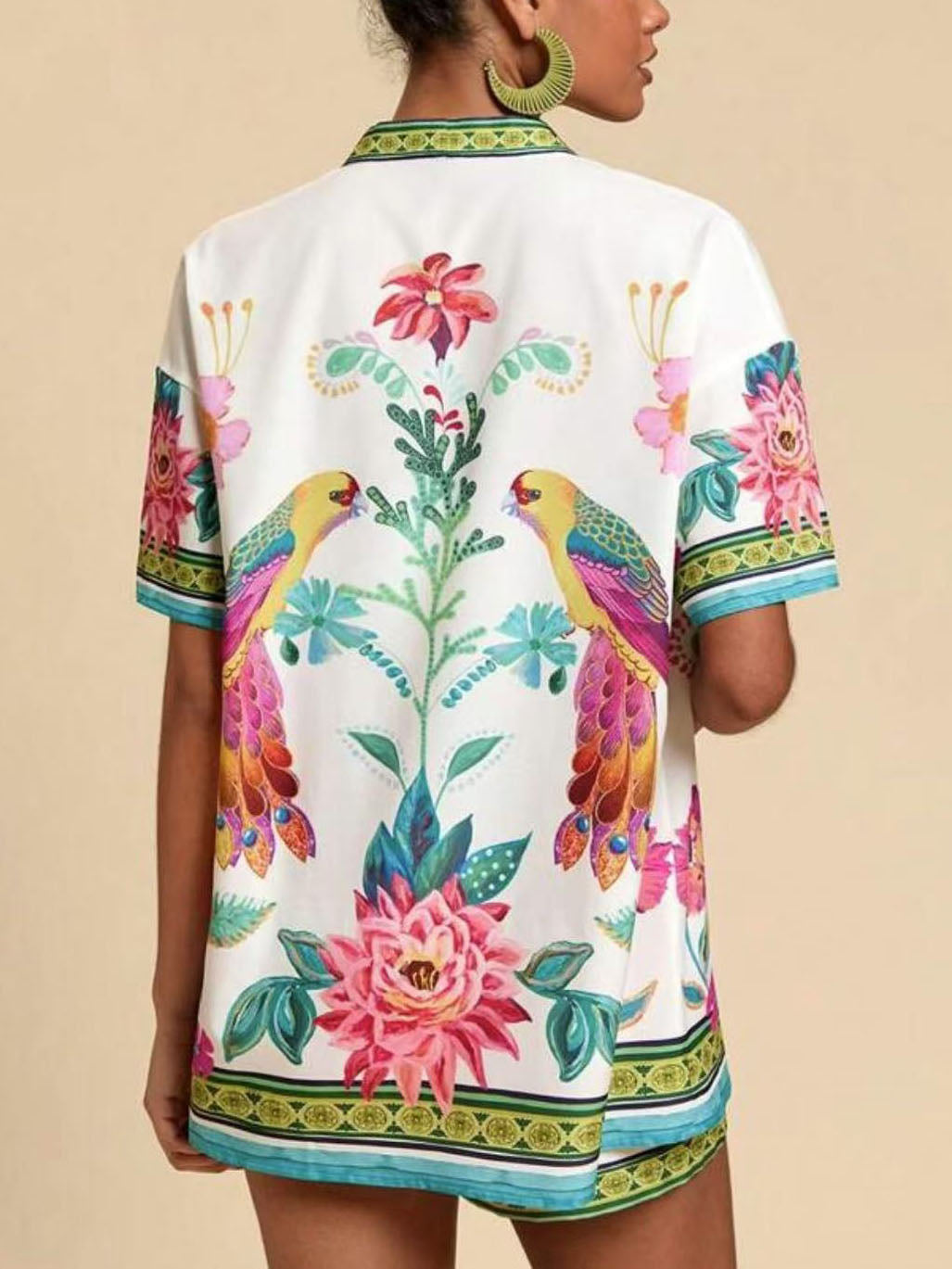 Casual Fresh Floral Print Cardigan Short Sleeve Two-Piece Set - Threadford