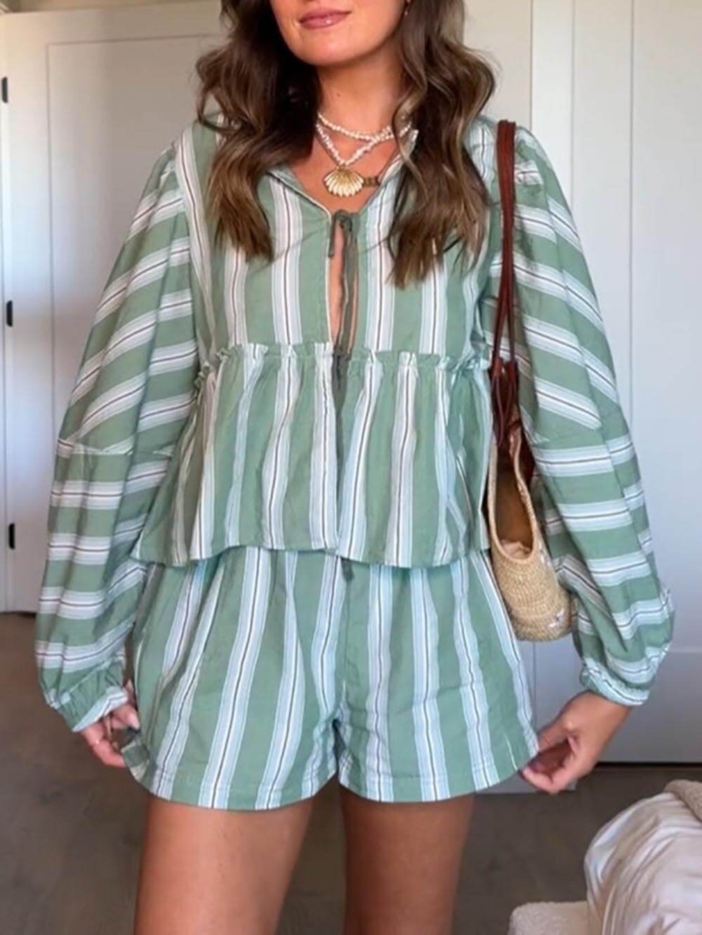 Loose Patchwork Striped Printed Shirt And Shorts Set - Threadford
