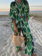 Unique Ethnic Pattern Printed Long-Sleeved Shirt And Wide-Leg Pants Set - Threadford