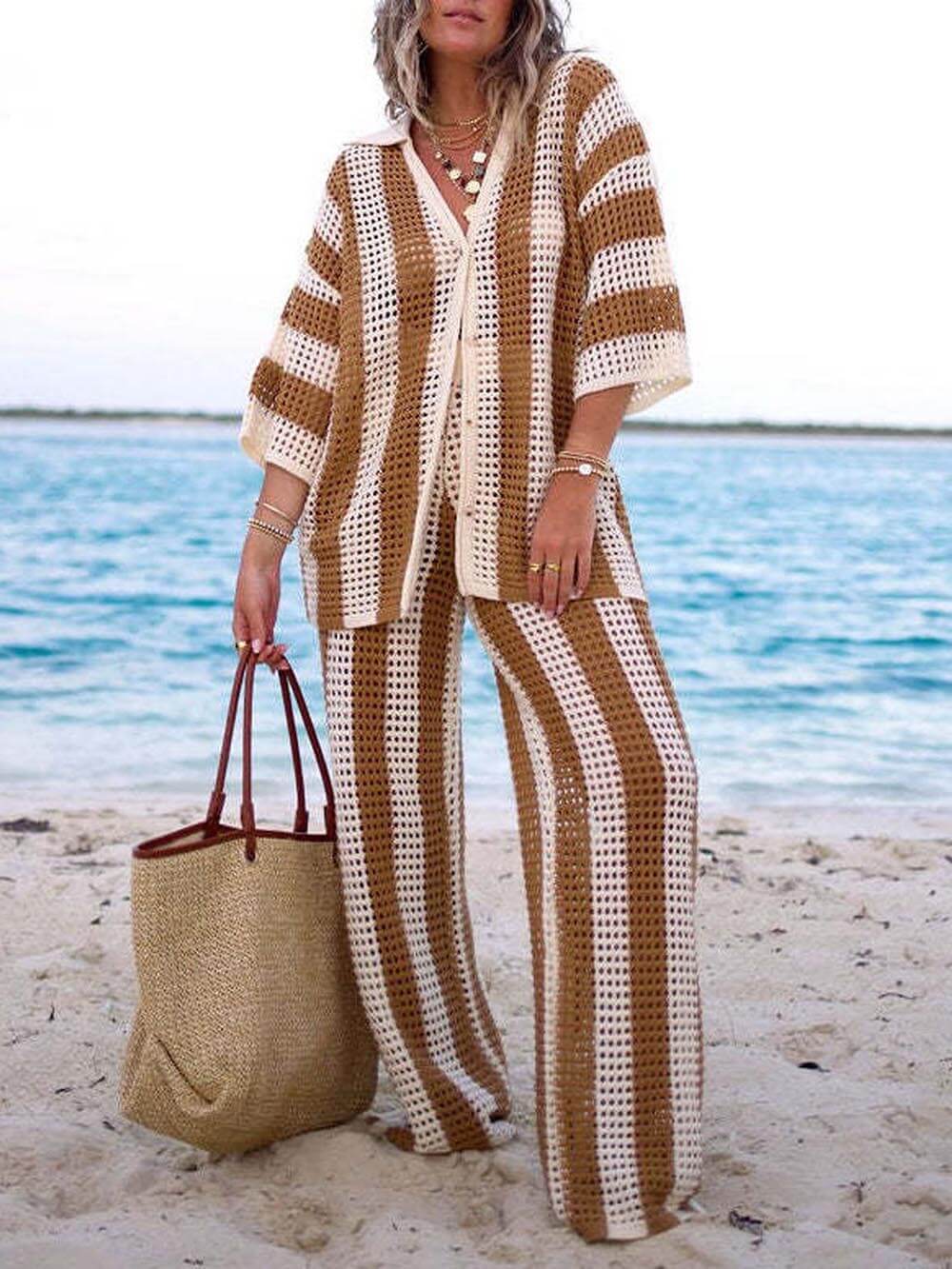 Fashion Loose V-Neck Hollow Out Striped Shirt Wide Leg Pants Set - Threadford
