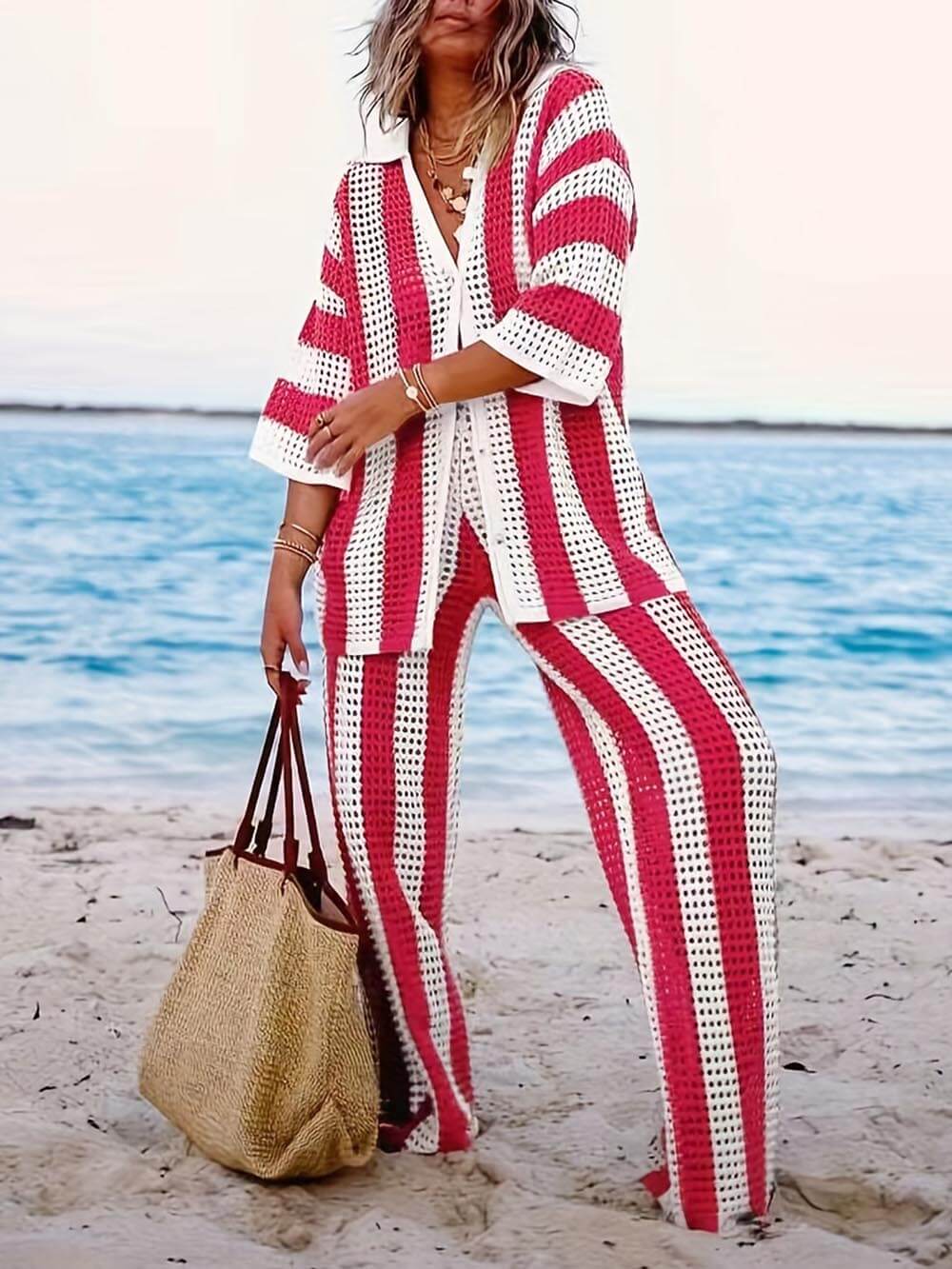 Fashion Loose V-Neck Hollow Out Striped Shirt Wide Leg Pants Set - Threadford